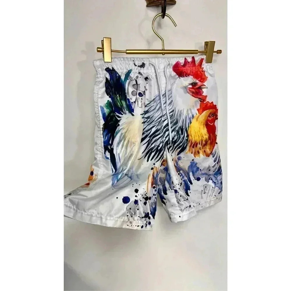 Youth Boys White Rooster Chicken Quick Drying Swim Trunks Medium